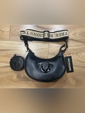 True Religion Black Crescent Shoulder Bag with Branded Canvas Strap